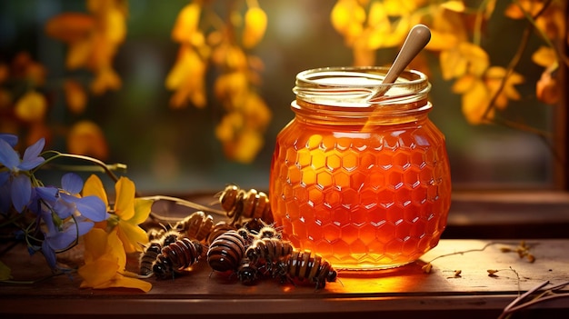 Une photo capturant les couleurs et les formes vives d'un pot de miel entouré d'abeilles