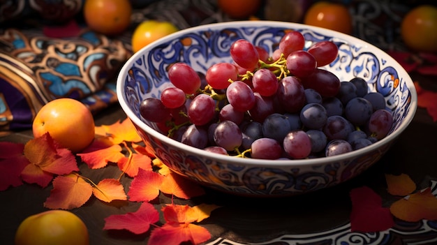 Photo une photo capturant les couleurs et les motifs vibrants d'un bol rempli de raisins tranchés