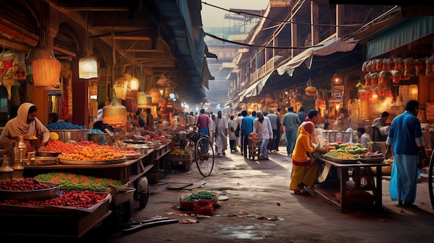 Une photo capturant les couleurs vibrantes et l'énergie d'un marché ou d'un bazar de la ville