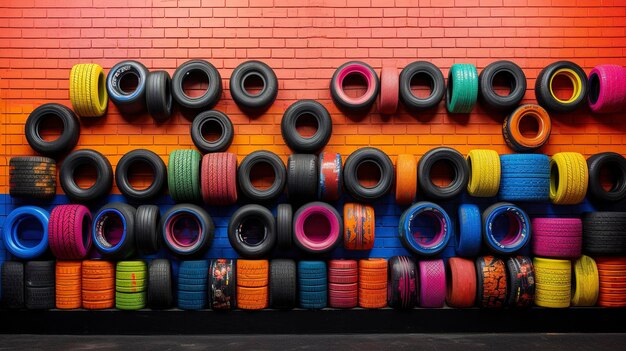 Une photo capturant les couleurs vives et les motifs d'un mur de pneus avec des logos de marques