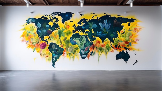 Photo une photo capturant les couleurs vives et la représentation artistique d'une peinture murale de carte du monde sur un grand mur