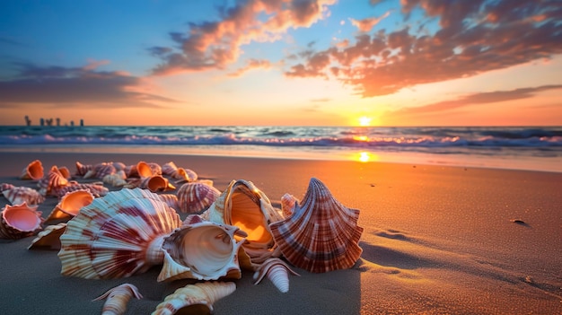 Une photo capturant les détails complexes de coquillages partiellement enterrés dans le sable au coucher du soleil