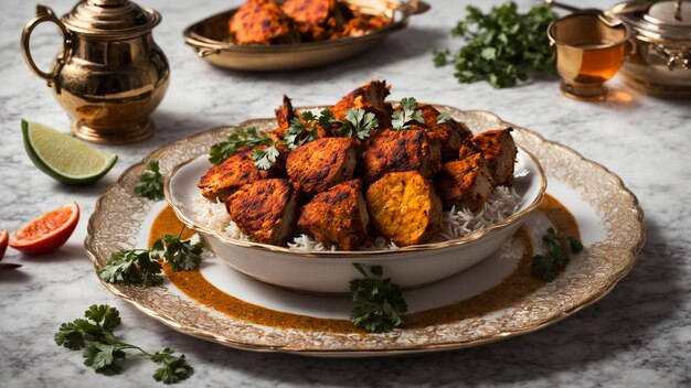 Photo capturant l'élégance de la cuisine indienne Montrez le poulet tandoori épicé de manière complexe sur un