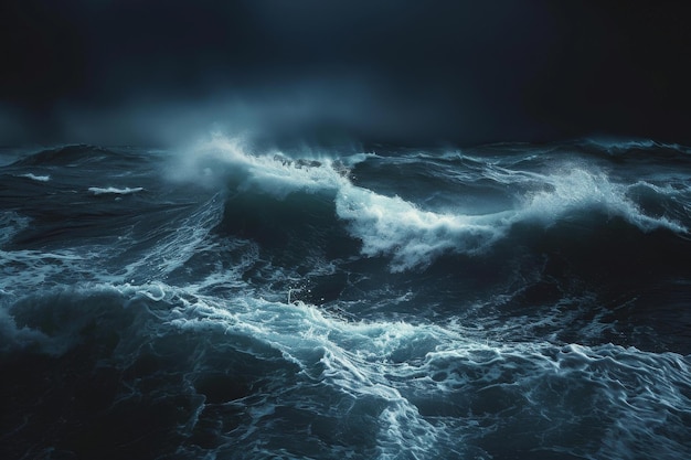Une photo capturant une grande étendue d'eau couverte d'ondes violemment écrasantes ondes turbulentes de l'océan dans une nuit orageuse générée par l'IA