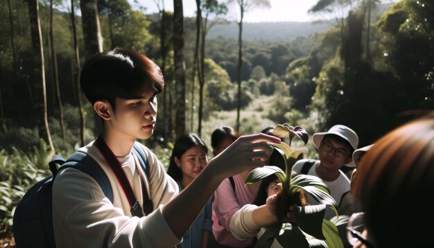 Photo photo capturant un moment de gros plan où un guide touristique d'origine asiatique montre une plante particulière à des touristes intrigués dans une réserve naturelle