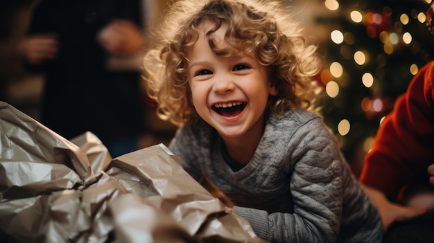 Une photo capturant le moment joyeux des enfants déballant leurs cadeaux le matin de Noël