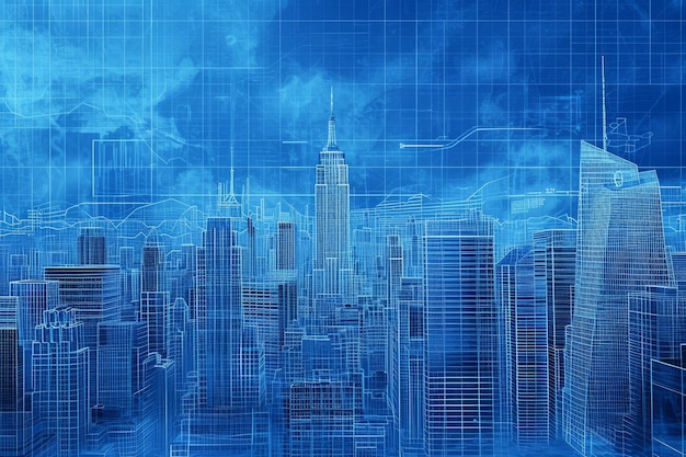 Une photo capturant un paysage urbain dominé par des tons bleus mettant en vedette de hauts gratte-ciel et une toile de fond de nuages Combinez les plans de bâtiments innovants avec un horizon de la ville généré par l'IA