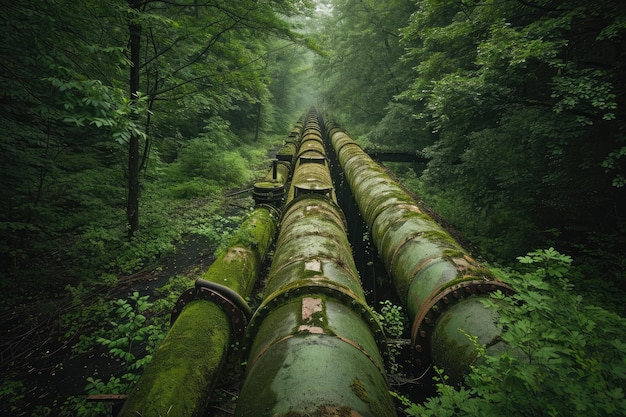Photo une photo capturant la présence d'un tuyau massif qui traverse un paysage forestier dense de vieux tuyaux industriels abandonnés englouti par la nature généré par l'ia