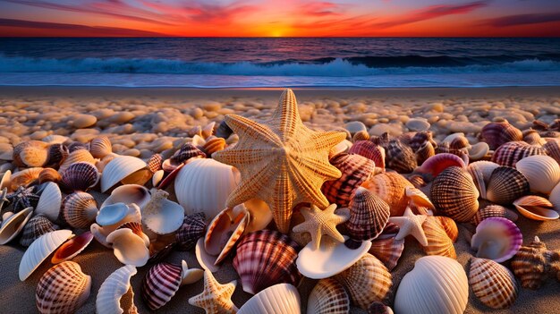 Une photo capturant les textures et les motifs délicats des coquillages éparpillés sur le sable au coucher du soleil