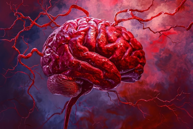 Photo cette photo capture une peinture détaillée d'un cerveau humain et de son réseau complexe de vaisseaux sanguins illustration d'une hémorragie intracrânienne dans un cerveau humain stylisé généré par l'ia