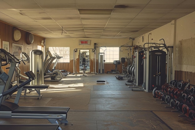 Cette photo capture une salle de sport vide avec une rangée de tapis roulants fonctionnels attendant d'être utilisés une petite salle de sport de ville avec un sentiment de communauté générée par l'IA