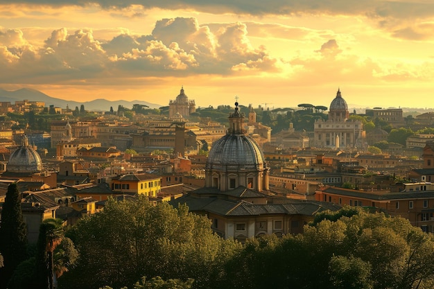 La photo capture la ville de Rome au coucher du soleil affichant ses monuments et bâtiments emblématiques dans des teintes dorées chaudes en fin d'après-midi sur l'ancien paysage urbain de Rome généré par l'IA