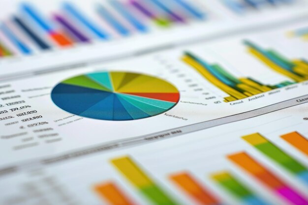 Cette photo capture une vue rapprochée d'un document avec des graphiques méticuleusement dessinés affichant des points de données et des tendances Vue détaillée d' un rapport financier avec un graphique en pie et des graphique à barres généré par l'IA