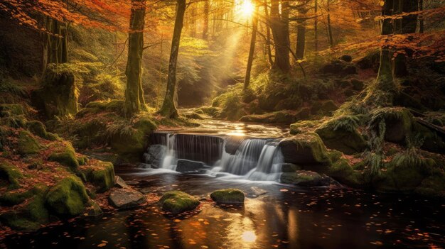 photo de cascade en automne avec paysage de lumière rayonnée