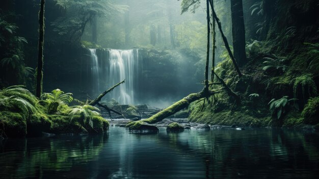 Une photo d'une cascade cachée dans une forêt brumeuse à lumière naturelle douce