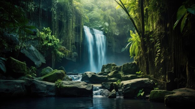 Une photo d'une cascade cachée sur fond de jungle dense