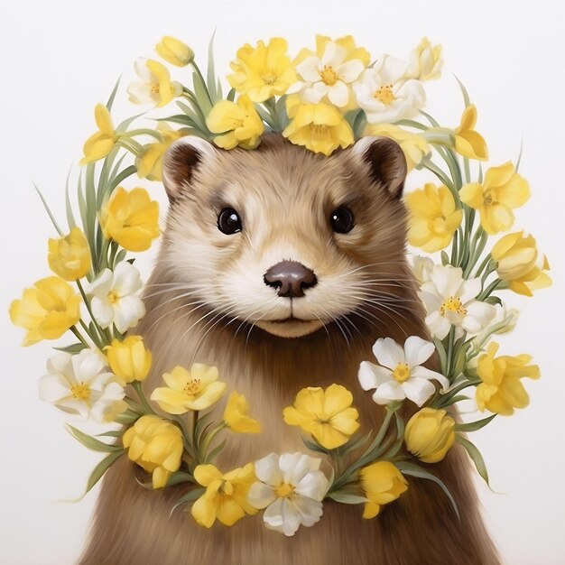 une photo d'un castor avec des fleurs jaunes autour de la tête.