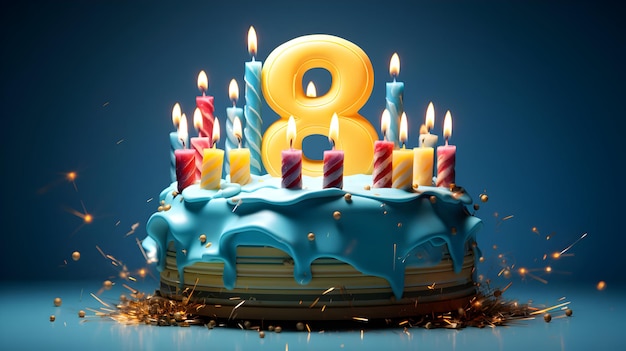 photo célébrant le huitième anniversaire arrangement avec gâteau d'anniversaire génératif ai