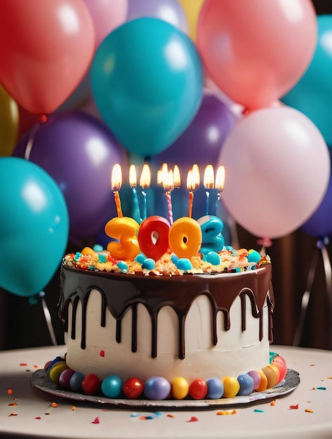 Photo de célébration Fête d'anniversaire avec gâteau et ballons Illustration