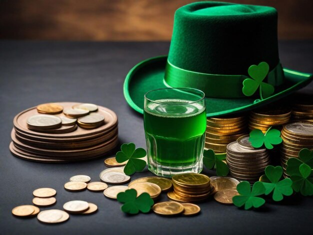 Photo de la célébration de la fête de Saint-Patrick avec des verres de boissons et un tas de pièces.