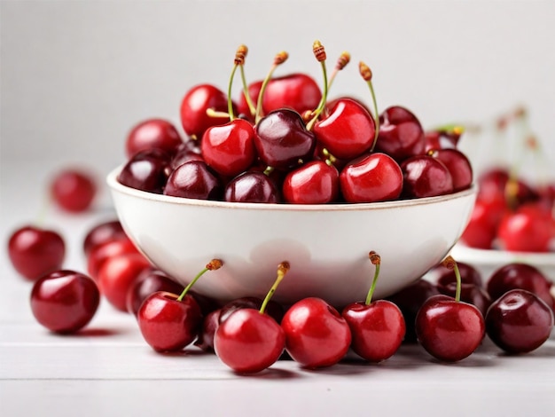 Photo de cerises mûres dans un bol sur un fond blanc