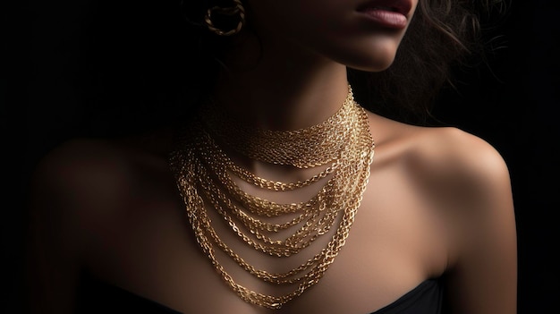 Une photo de chaînes en or superposées sur le cou et la poitrine du mannequin