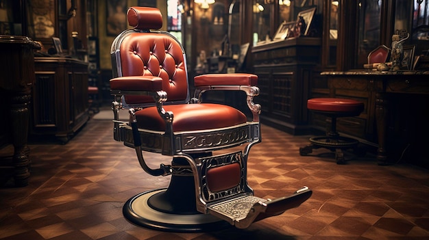 Une photo d'une chaise de barbier dans un salon de coiffure de style vintage