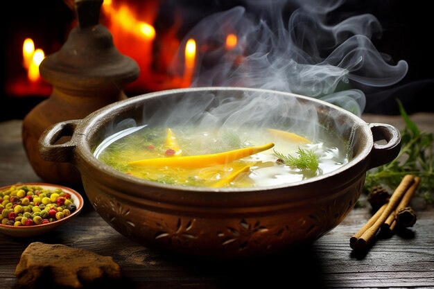 Une photo chaleureuse d'un bol de soupe de bouillon de maïs par une journée froide