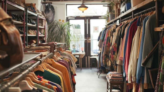 Une photo chaleureuse montrant un charmant magasin de vêtements vintage avec des étagères de mode rétro