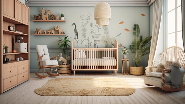 Une photo d'une chambre de bébé non sexiste avec une décoration pour bébé