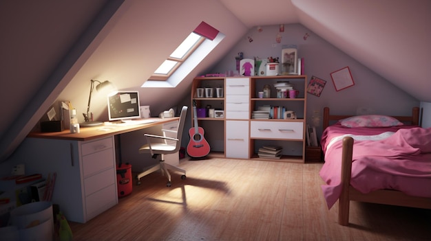 Photo photo d'une chambre confortable pour une adolescente très détaillée