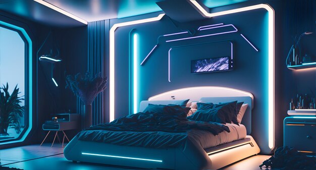 Photo d'une chambre à coucher moderne élégante avec un lit parfaitement fait et des néons vibrants