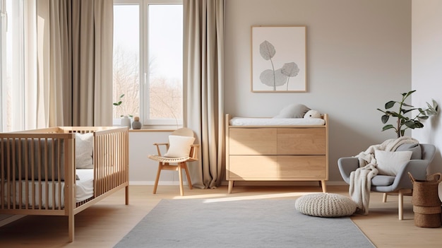 Une photo d'une chambre d'enfant d'inspiration scandinave avec des couleurs neutres et un décor minimaliste