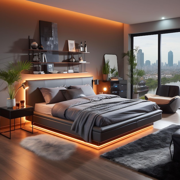 Une photo d'une chambre meublée de façon moderne et luxueuse. Au milieu se trouve un grand lit à sommier tapissier.