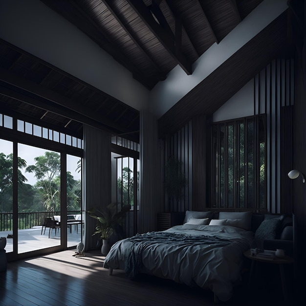 Photo d'une chambre spacieuse avec un lit confortable et la lumière naturelle de la porte vitrée