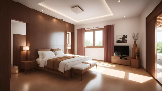 Photo d'une chambre spacieuse avec un lit king-size confortable et un système de divertissement moderne