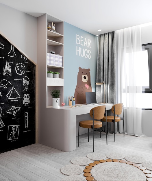 Photo chambre avec table d'étude avec mur gris porte blanche design d'intérieur 3d