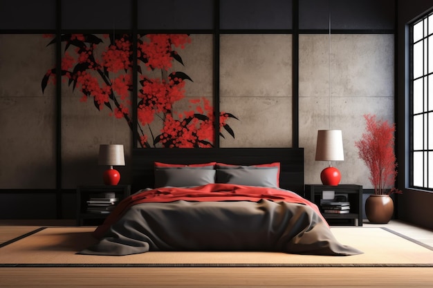photo de chambre zen noire et rouge réaliste IA générative