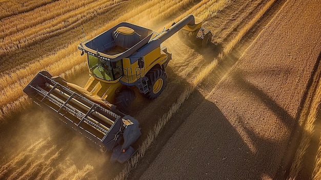 Photo d'un champ de blé récolté avec des équipements lourds IA générative