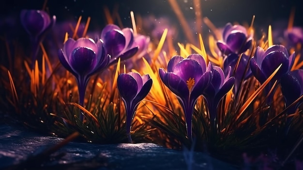 Une photo d'un champ de fleurs de crocus.