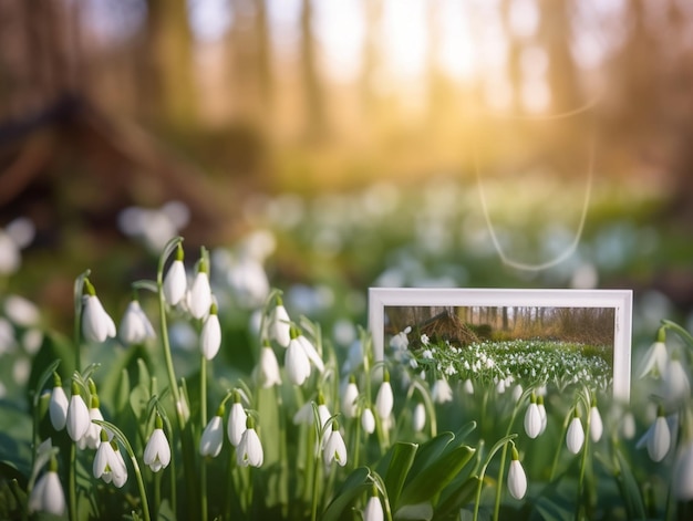 Une photo d'un champ de fleurs avec une fleur blanche au premier plan