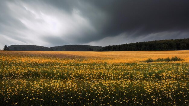 photo champ d'herbe et de fleurs devant des collines et des nuages sombres