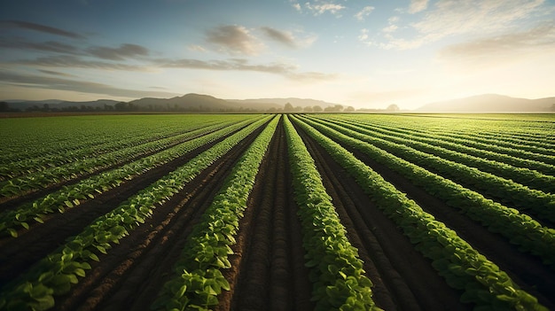 Une photo d'un champ avec des rangées de cultures bien plantées