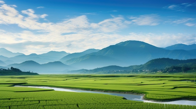 Une photo d'un champ de riz tranquille avec des montagnes en arrière-plan