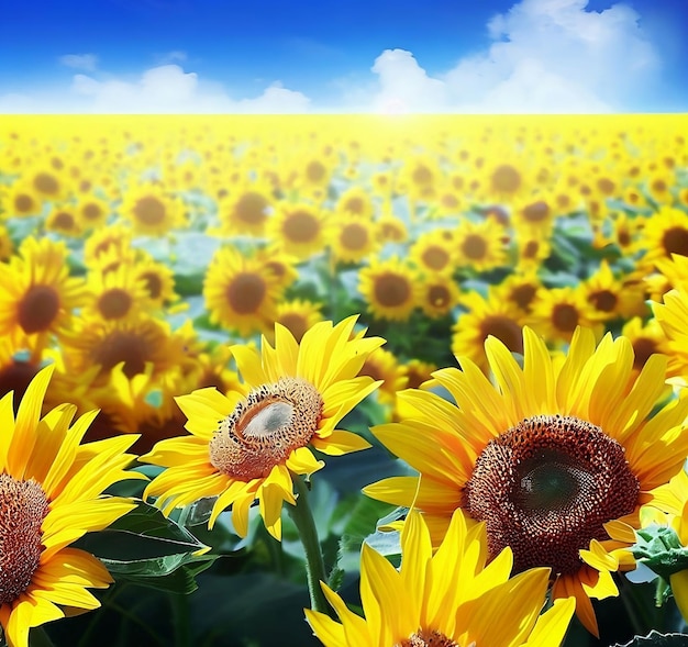 Une photo d'un champ de tournesols avec un ciel bleu en arrière-plan.