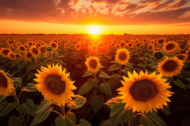 Une photo d'un champ de tournesols avec le soleil couchant derrière lui.