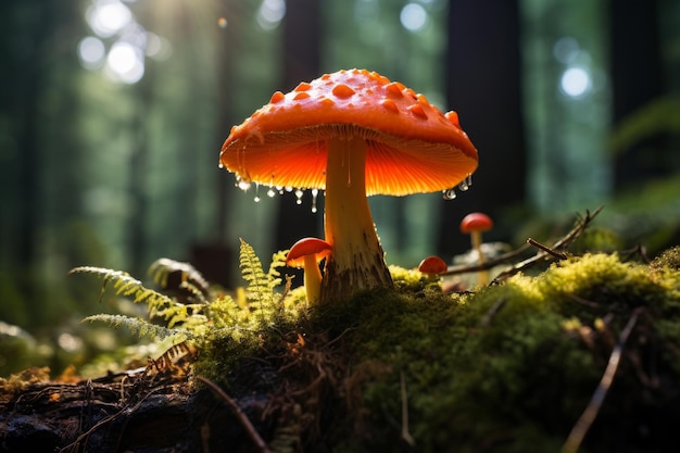 Photo d'un champignon vibrant retourné vers le haut dans la forêt IA générative