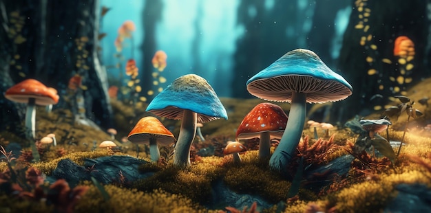 Une photo de champignons dans une forêt avec un fond bleu