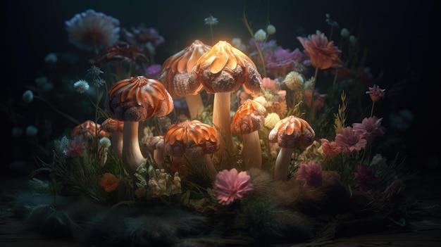 Une photo de champignons sur fond sombre