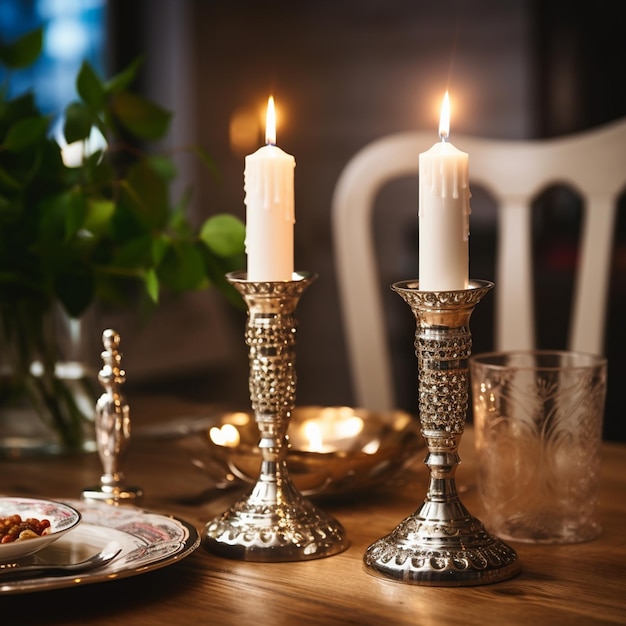 Photo des chandeliers de shabbat avec des bougies allumées sur la table de la cuisine juif traditionnel